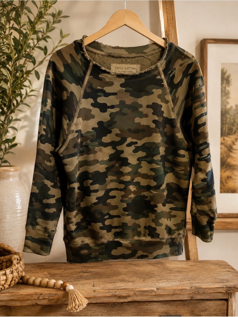 Nili Lotan Camo Camouflage Raglan Sweatshirt 100% Cotton Made in USA Sz XS